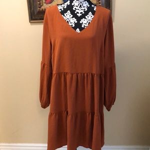 🍁Rusty orange v-neck pullover bohemian mid-weight tiered long-sleeved dress